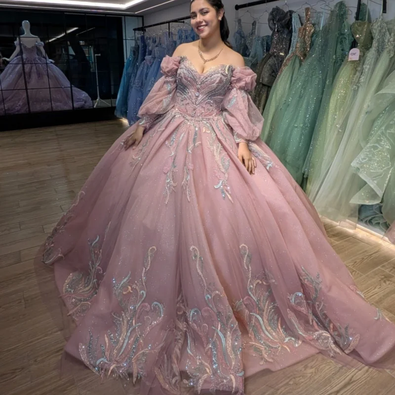 

Pink Quinceanera Dresses Off the Shoulder Glitter Decal Lace Layering Long tail Vestido e 15 Quinceanera Customize