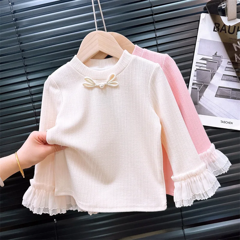 Girls' New Chinese Bow Plate Button Base Shirt Spring and Autumn2024New Mesh Lace Sleeve Top