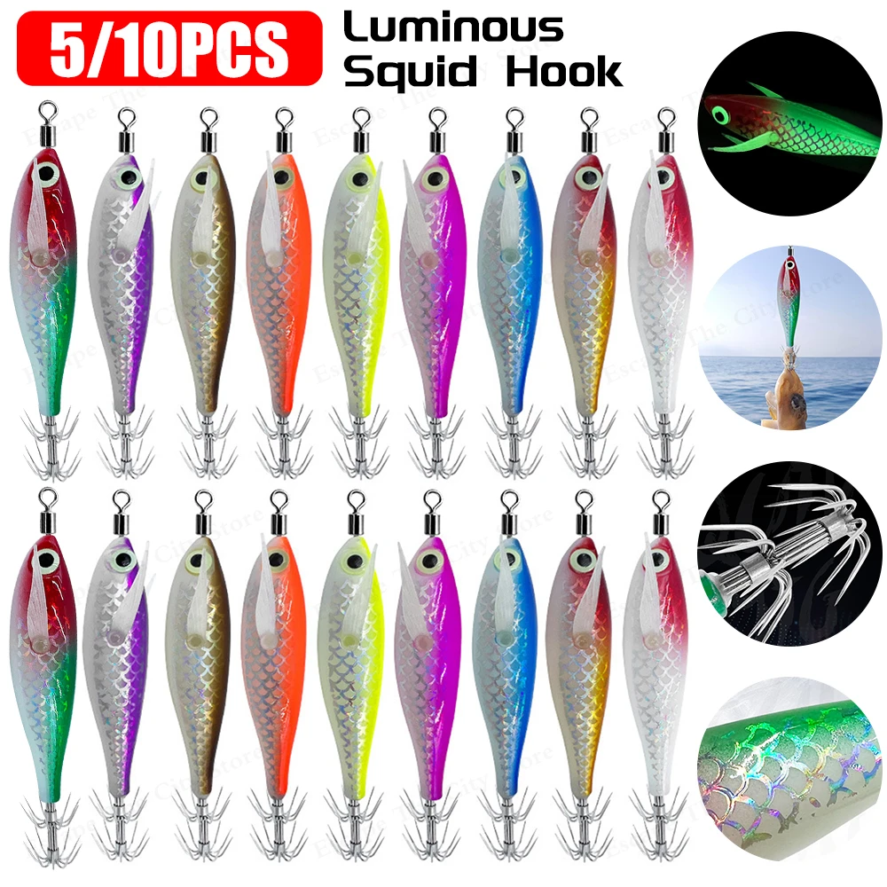 10-1PCS Luminous Squid Fishing Lure Hook with 3D Eyes Cuttlefish Attracting Lure Glow In The Dark Squid Bait for Night Fishing