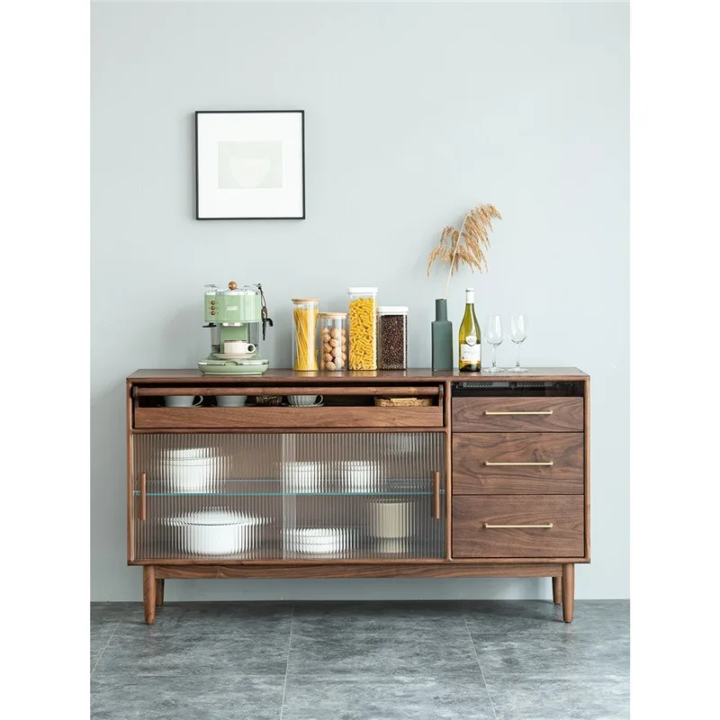 side cabinet, black walnut log, Japanese glass door, high cabinet, wine cabinet, bar, integrated wall storage cabinet
