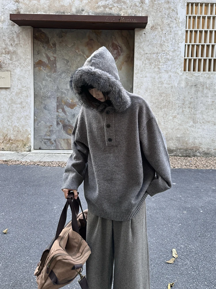 

Retro American Knitted Sweater Coat with Hood Loose Fit Men's Women's Warmth Fur Collar Lazy Sle Casual Autumn Winter Wear