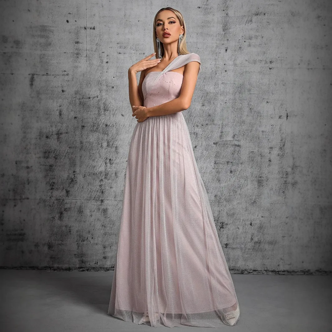 

Designer Long Dress Women Wedding Guest Bridesmaid Stylish Formal Gown Rhinestone Embellished Pink Maxi For Gala Evenings