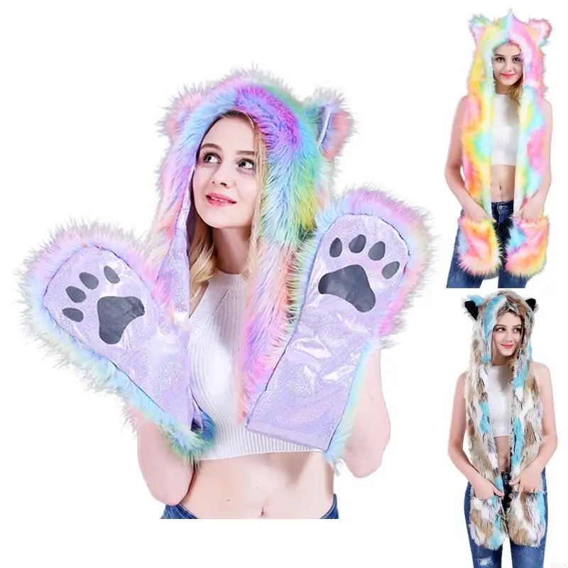 M6CC Women 3 In 1 Furry Animal Hat Scarf Gloves Mittens Multifunctional Rainbow Colorful Plush Hoodie with Paws Ears