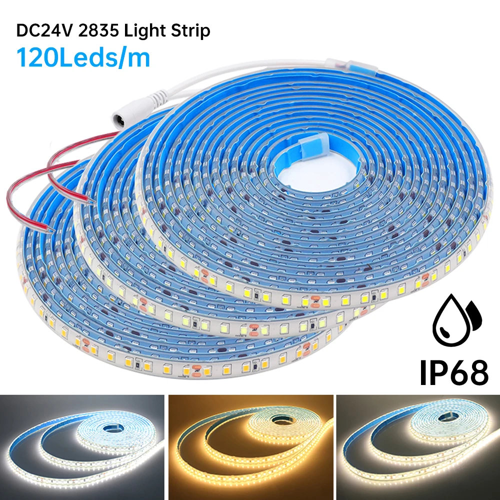 12V 24V LED Strip Light 2835 120LEDs/m IP68 Waterproof 2Pin Wire/DC Plug Warm Natural White Flexible Tape 0.5m 5m 10m Home Decor