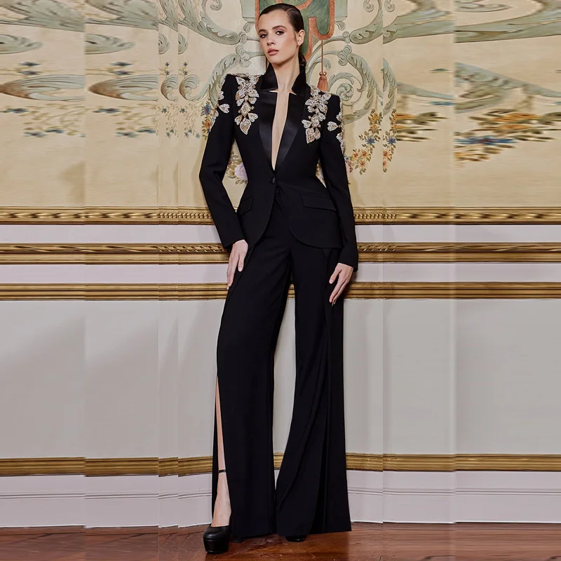 

Designer Inspired Autumn Luxury Women Black Embroidered Peak Shoulder Jacket Blzer And Pant 2 piece Set Fashion Business Outfit