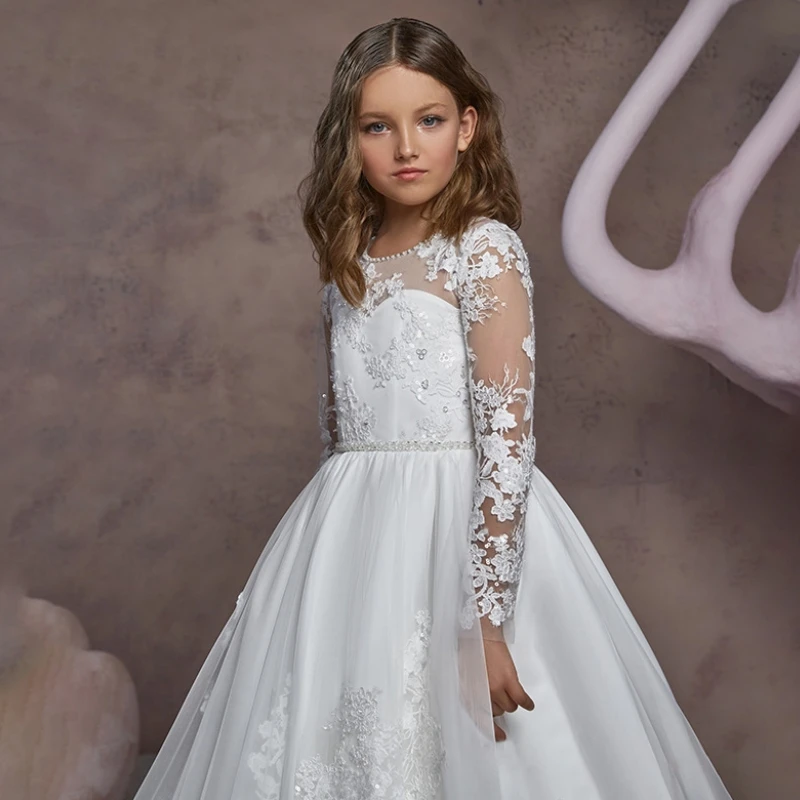 White Flower Girl Dresses Tulle Appliques Pattern Long Sleeve For Wedding Birthday Party First Communion Gowns