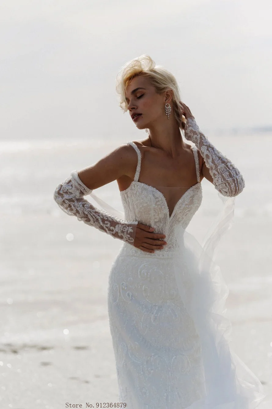 Romantic Spaghetti Straps Sheath Mermaid Wedding Dresses Removeable Long Sleeves Full Lace Beaded Bride Beach Party Gowns