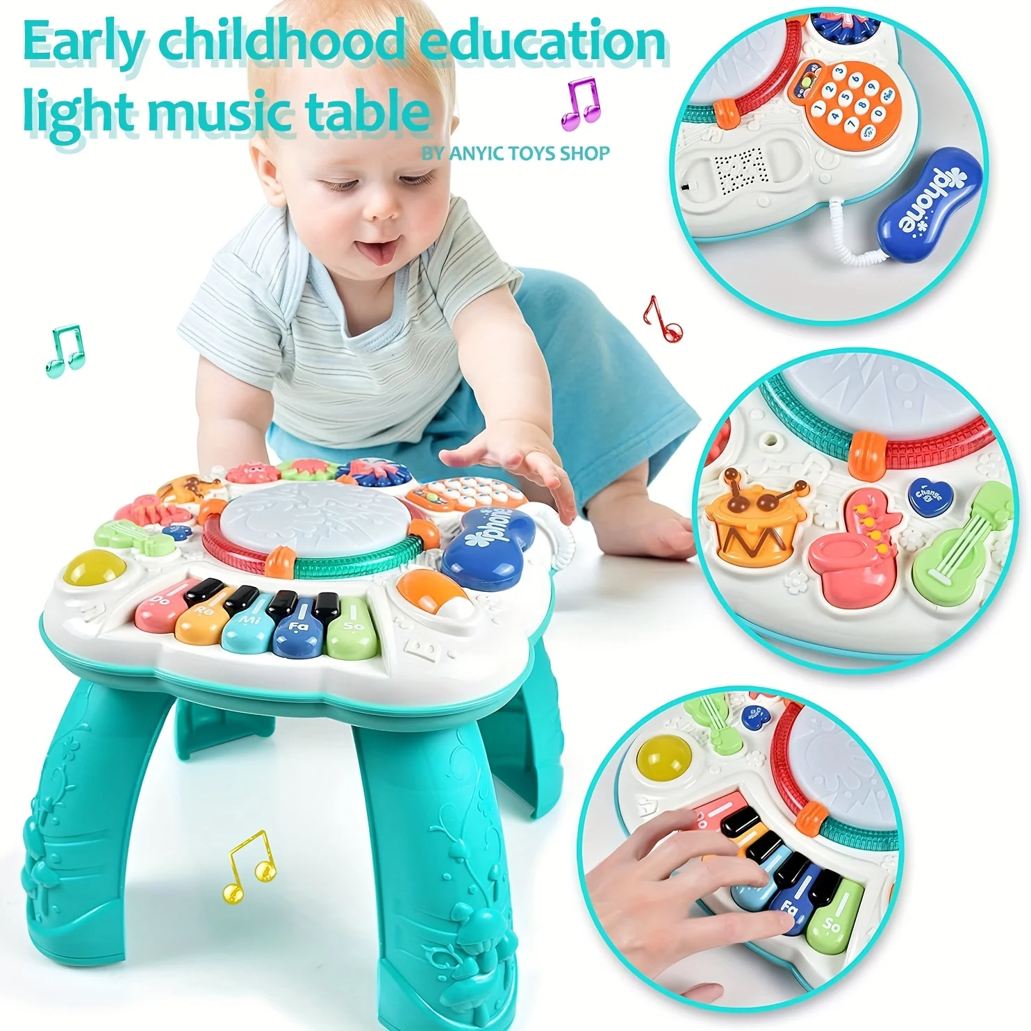 Multi-function early education music table, children's learning table, electric sound and light activity center with detachable