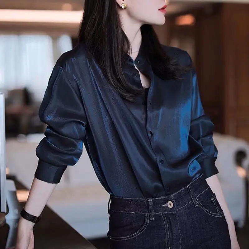 Ladies Spring Office Lady Buttons Silk Slim Square Collar Lapel Long Sleeve Women Shirts Women Clothes Casual Navy Blue Shirts