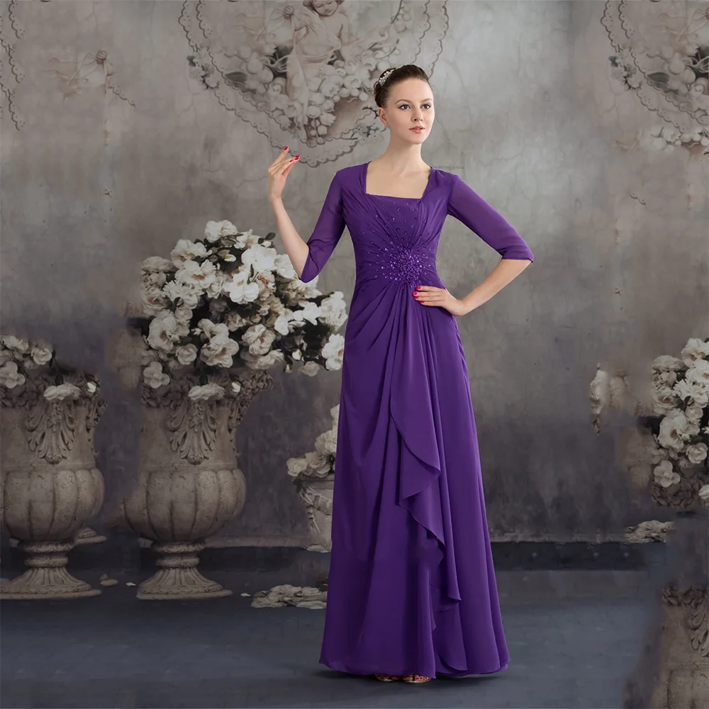 

Luxury Purple Mother of The Bride Dresses Customized Square Neck Half Sleeves Pleat A-line Ankle Length Mother Long Dress 2026