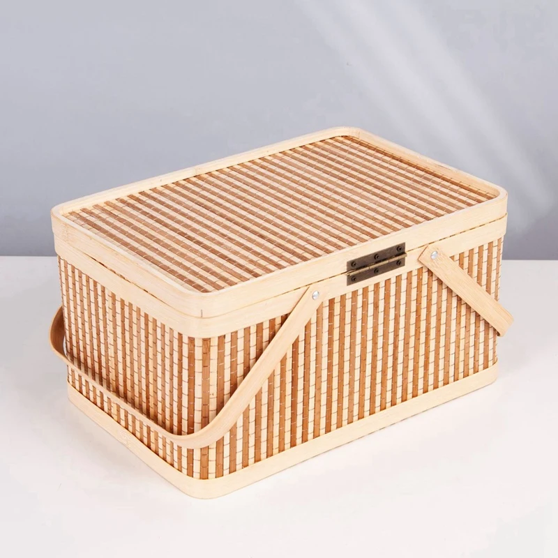 Large Bamboo Baskets Portable Picnic Baskets Fruits Natural Holder Lid Bread Zongzi Organizer