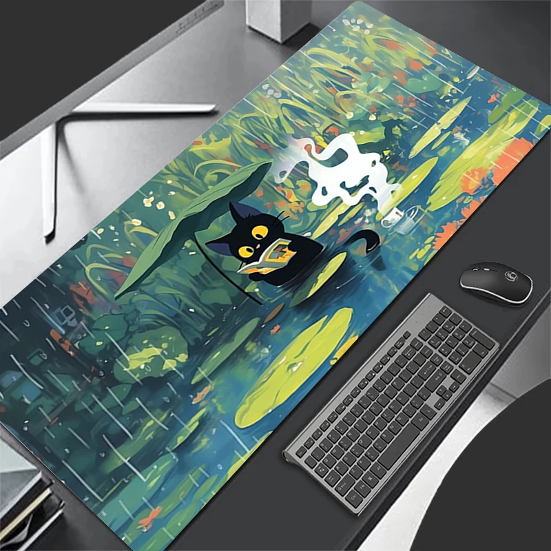 Mouse pad preto gato design antiderrapante tapete de mesa jogos acessórios portáteis bordas costuradas para casa e jogo para gamer mousepad