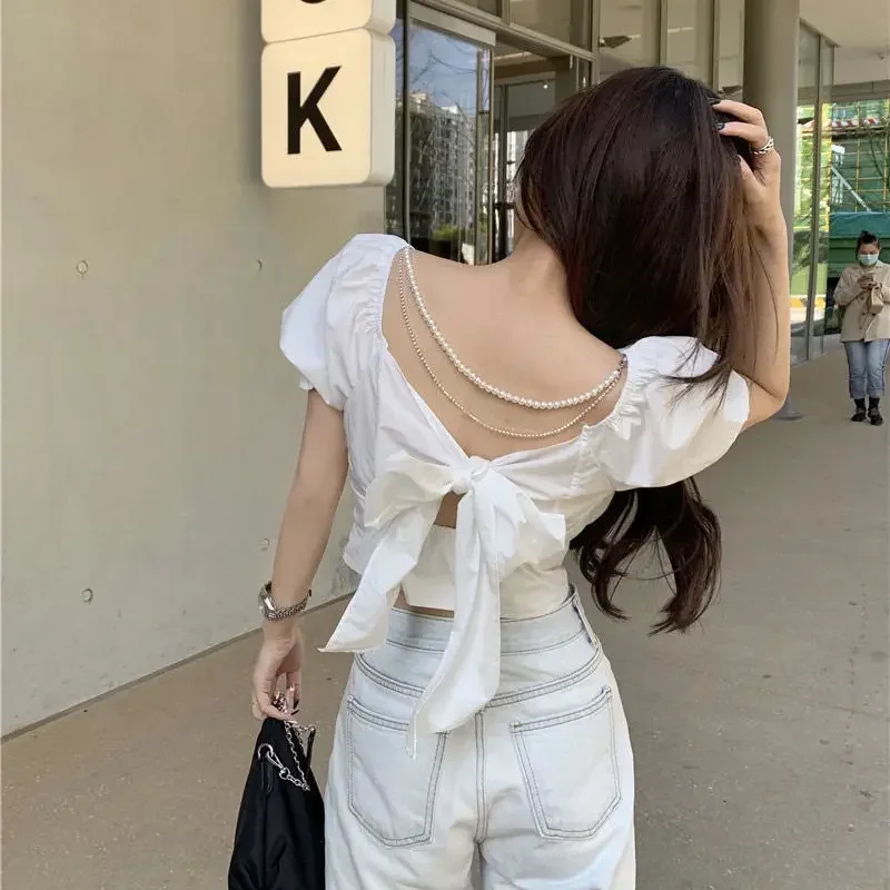 2025 Fashion New Pearl Chain Shirt Women Summer French Bow Backless White Blouse Sweet Puff Sleeve Crop Top Female