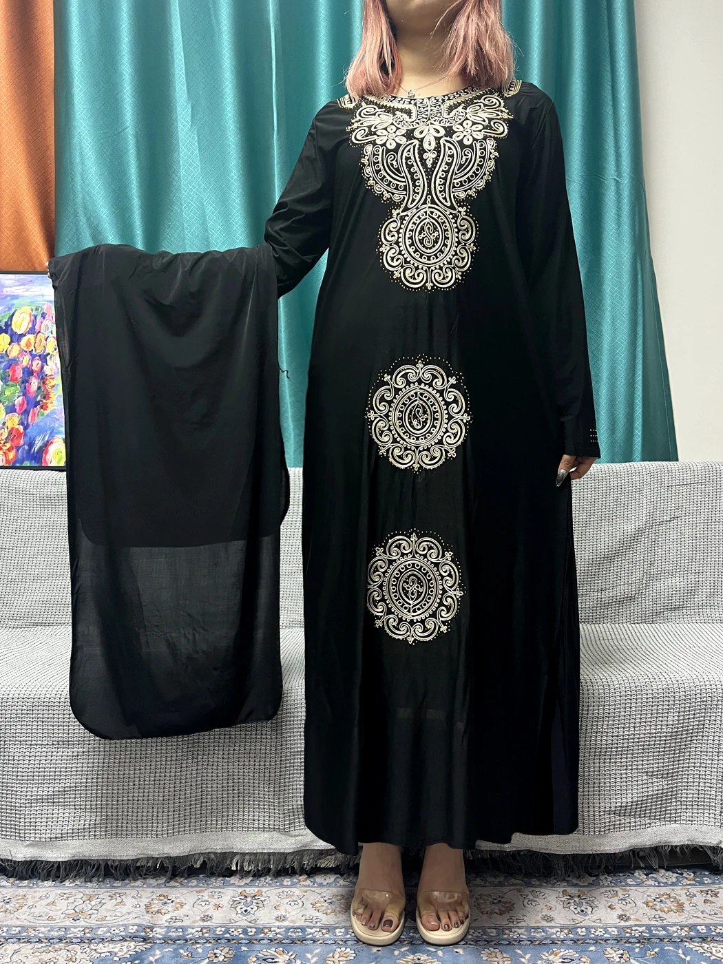 

Muslim Black Abayas For Women Rayon Ice Cotton Appliques Diamonds Long Sleeves Loose Fit Femme Robe African Dresses With Turban