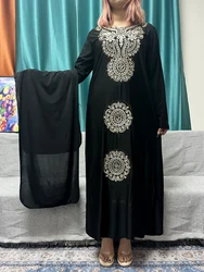 Muslim Black Abayas For Women Rayon Ice Cotton Appliques Diamonds Long Sleeves Loose Fit Femme Robe African Dresses With Turban