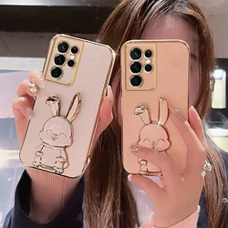 3D Cute Rabbit Trunk Phone Holder Plating Case for Samsung Galaxy S24 S23 S22 S21 S20 Ultra FE S10 S9 Plus Cover