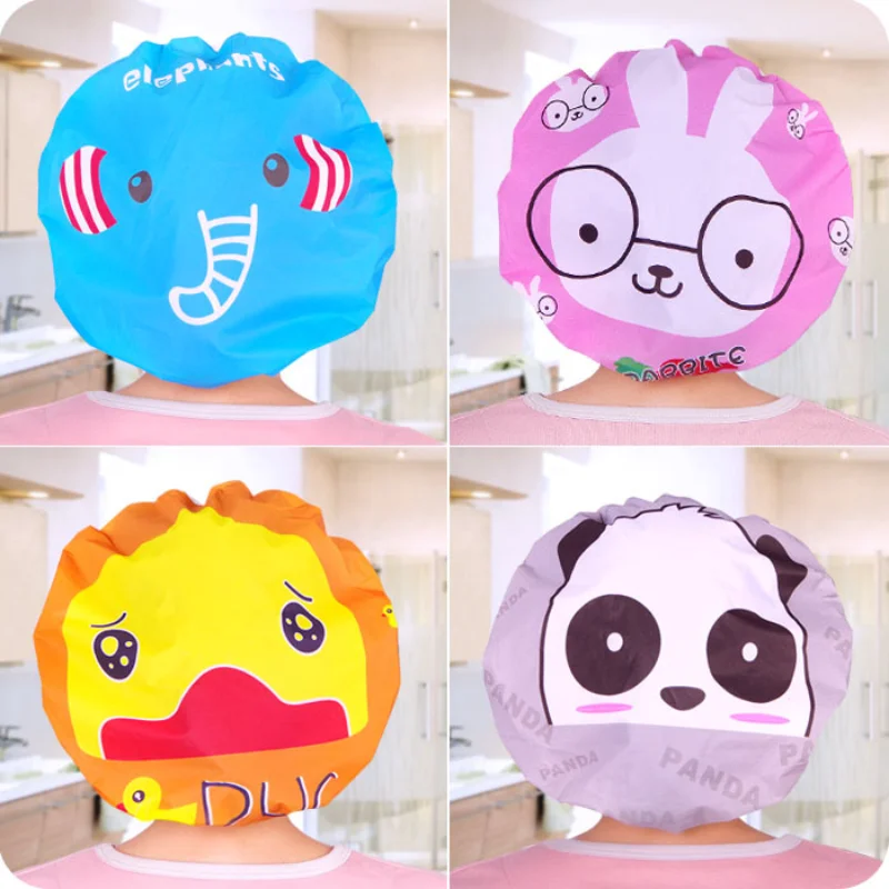 Gorro de baño impermeable con animales de dibujos animados para mujer, gorro grueso antiaceite para humos, suministros de peluquería para Spa, gorro de ducha, accesorios de baño