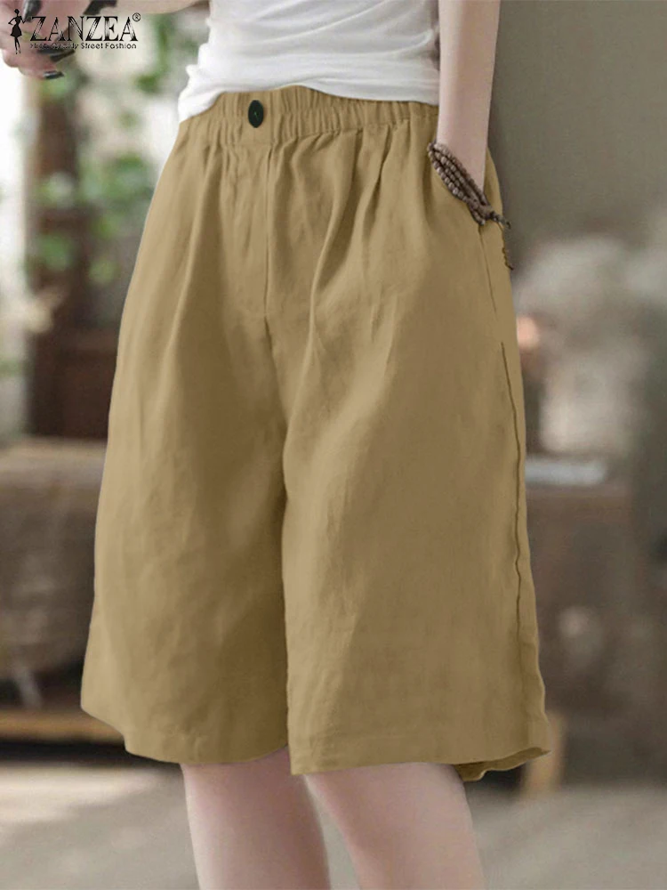 ZANZEA شورتات عصرية للسيدات 2025 سراويل كابري صيفية عالية الخصر جيب بلون واحد شورتات غير رسمية بخصر مطاطي مستقيم