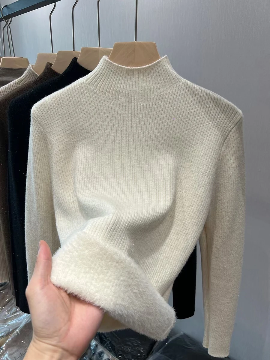 Fleece Lined Thick Half High Neck Knit Base Sweater Women Winter Warm Solid Color Top