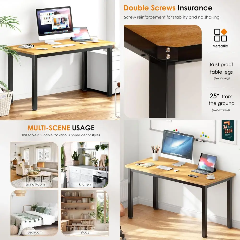 47 중형 복합 목재 책상, 안정적인 홈 오피스 워크스테이션, 티크 및 블랙 다리, 1팩