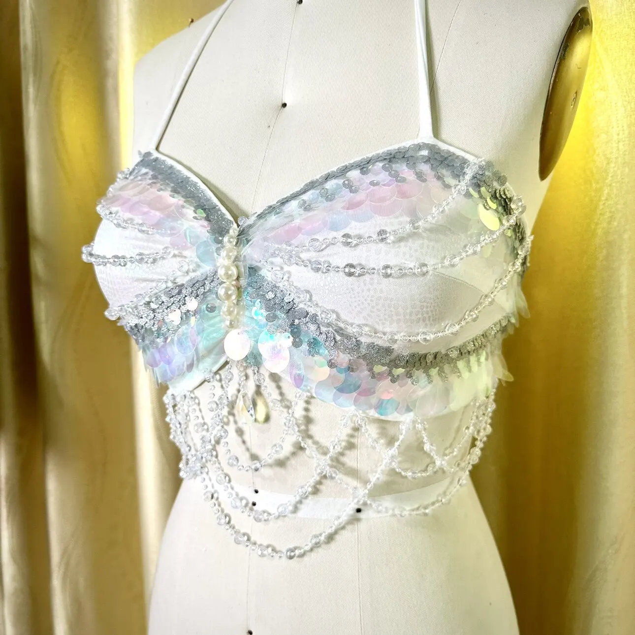 Original Handwork Halterneck Mermaid Bra Corset Women Swimwear Luxury Sequins Beading Underwater Photography Freediving Bikini