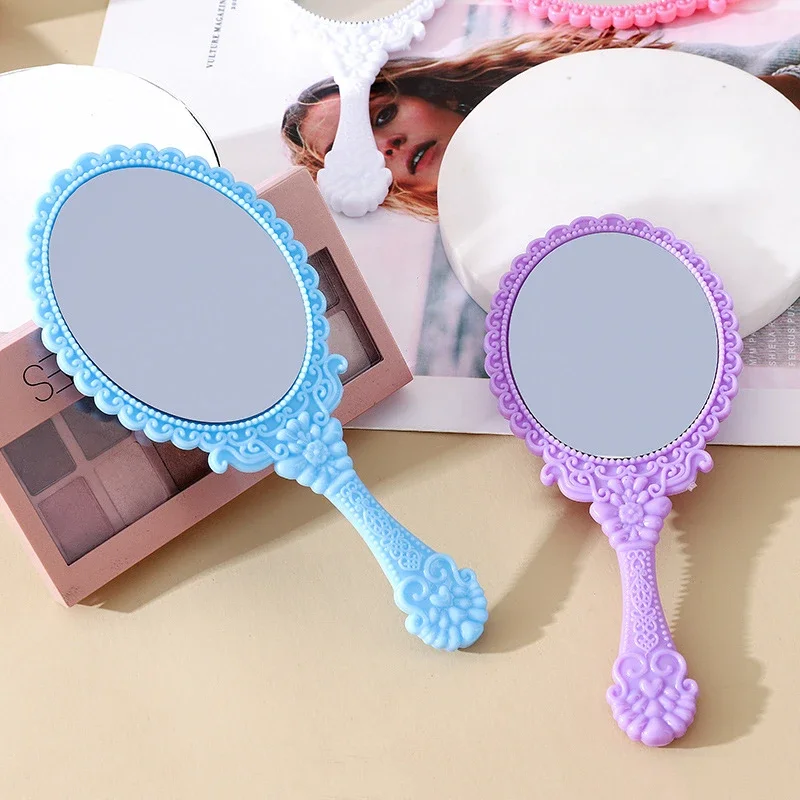 1Pcs Makeup MirrorHandle Cosmetic Mirror Vintage European Floral Large Handheld Mirror Carry-on Portable Wheat Straw Mirror