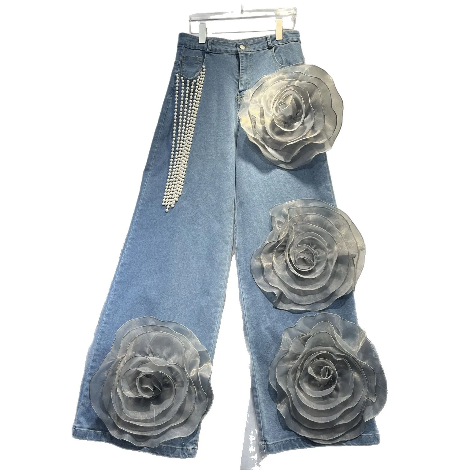 

SuperAen Wide-leg Casual Jeans Women's Spring and Summer High Waist Loose New Design Three-dimensional Flower Jeans