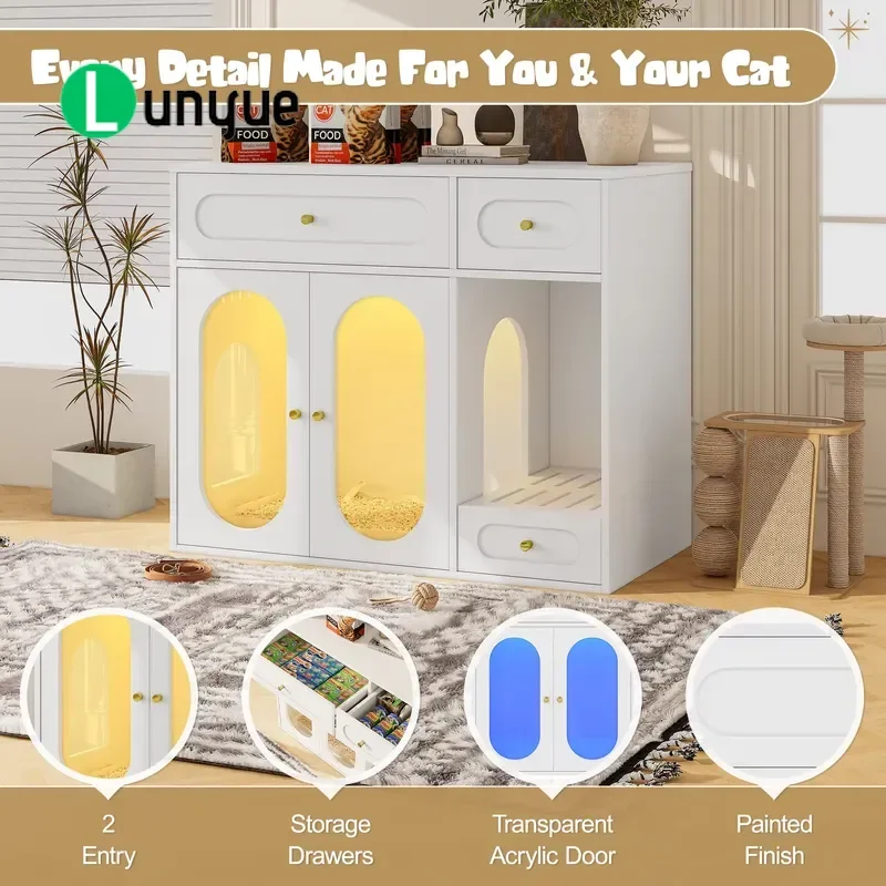 Hidden Cat Litter Box Cabinet Furniture with LED Light Acrylic Door Modern Enclosed Kitty Toilet House for Home Living Room