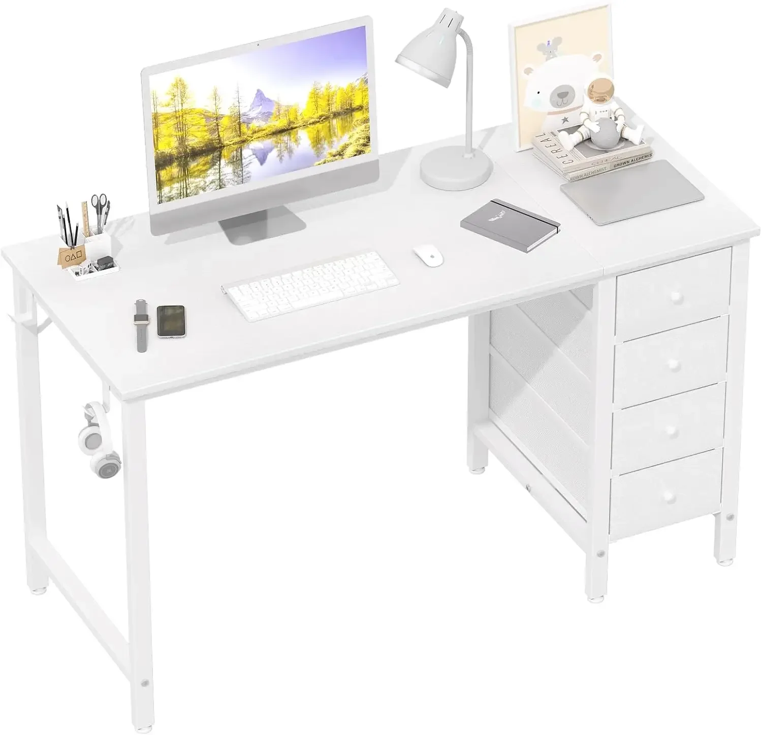 

Lufeiya White Computer Desk with Drawers - 47 Inch Study Work Writing Desk for Home Office Bedroom, Simple Modern Cute PC Desk