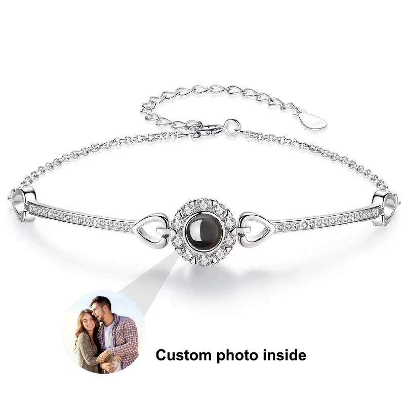 Personalized Bracelet with Picture Inside Custom Projection Heart Bangle with Photo I Love You Memorial Gifts for Women Girls