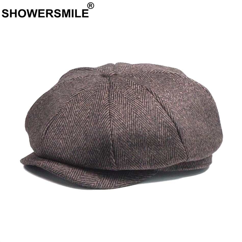 SHOWERSMILE Men Newsboy Caps Woolen Herringbone Flat Caps Coffee Retro Eight Piece Cap Male Vintage Autumn Winter Octagonal Hats