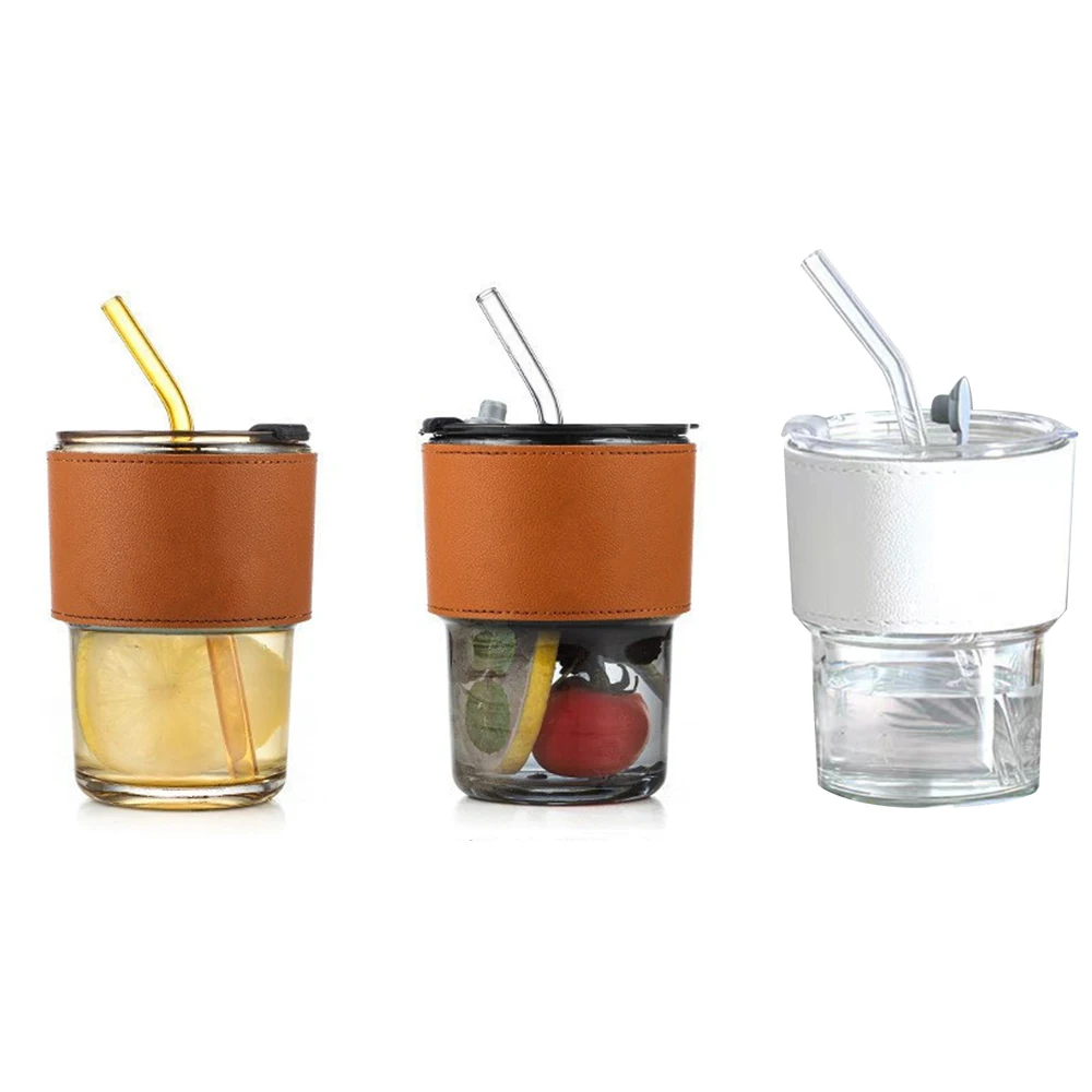 400mL Glass Cup Heat Resistant Glass Straw With Cover Coffee Cup Leak Proof Cup Tea Cup Leather Cup Set Tableware Mug