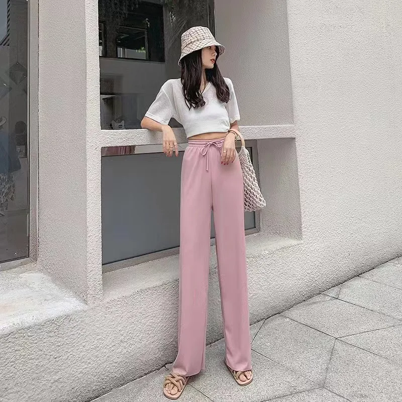 Ice Silk Wide-Leg Pants Women Cool Sweatpants Summer Thin Pleat Loose Straight Pants Office Lady Casual Drawstring Long Trousers