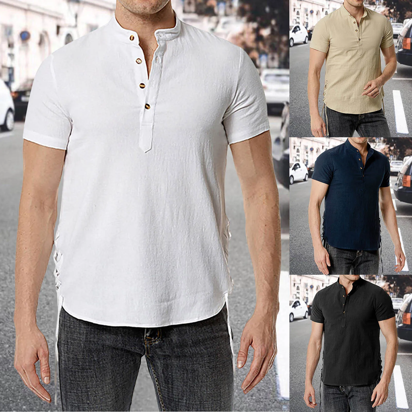 

2024 New Men's Standing Collar Cotton Linen Short Sleeved Shirt Men's Designer Clothes Popular Tops for Men Casual Clothes