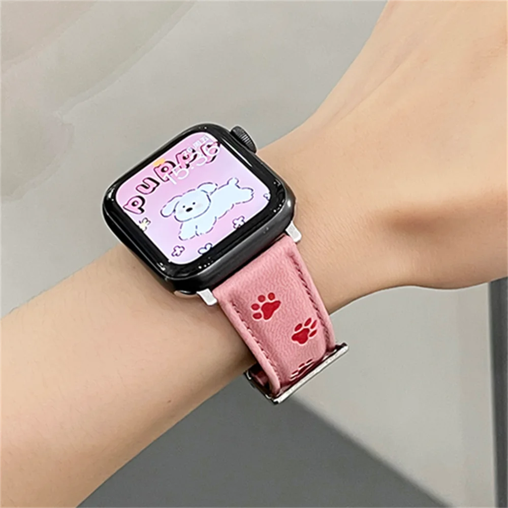 Cute 3D Puppy Paw Dog Leather Soft Band For Apple Watch 44mm 40 45 41 49 42 38 INS Chic Strap For Ultra Series 9 8 SE 7 6 5 4 3