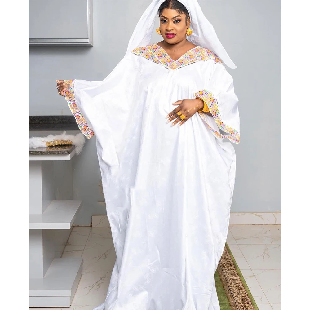 

White Bazin Riche Long Dresses For African Women Party Clothing Original Bazin Riche Dashiki Robe With Embroidery Evening Gowns