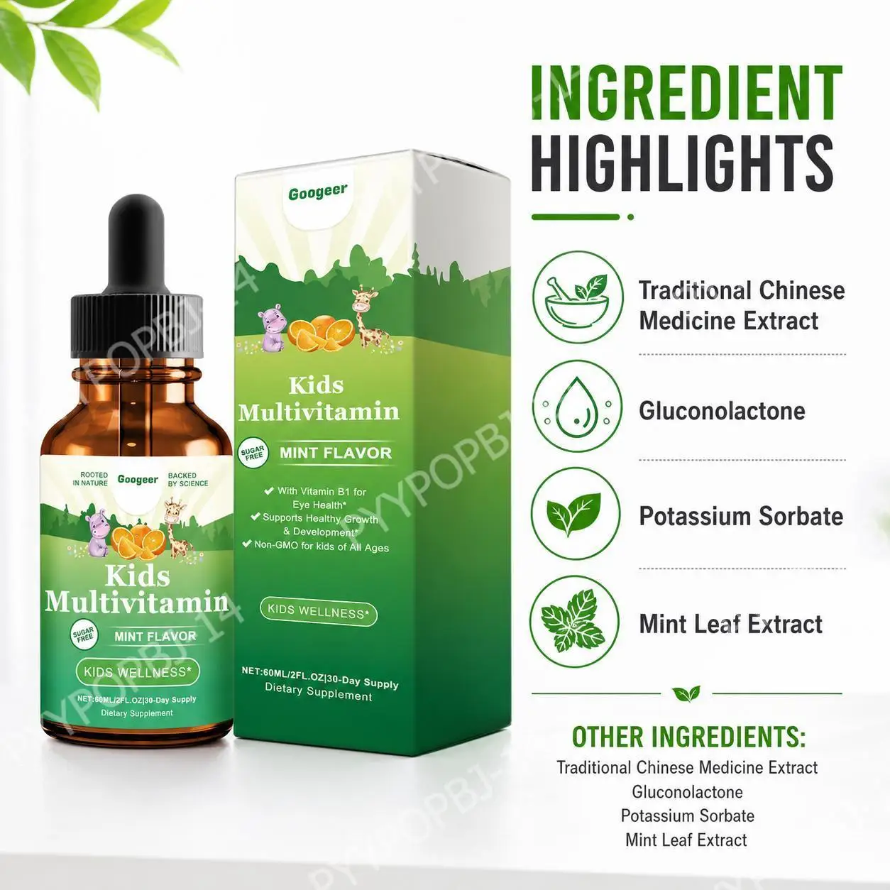 Googeer Kids Multivitamin Drops with Vitamin B1 for Eye Health, Mint Flavor, Non-GMO Sugar Free, Supports Brain Health, 60 ML