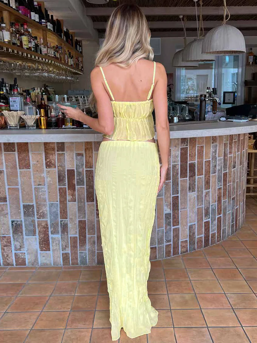 Top corto plisado sin mangas con tirantes para playa, vestido Maxi de fiesta de vacaciones de verano, conjunto de 2 piezas de retazos de Color sólido