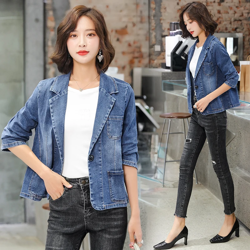 Frauen One Button Up Jean Mantel Strickjacke Damen Mid Washed Denim Biker Jacken Frühling Herbst Blazer