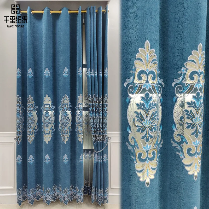 Custom Size Luxury Dark Blue Embroidered Blackout European Jacquard Curtains for Living Dining Room Bedroom Tulle Villa Curtains