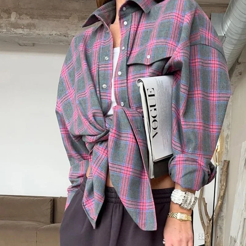 Oversized Plaid Shirt Autumn Winter Women Vintage Long Sleeve Fashion Loose Lapel Pocket Shirt Fit Blouse Korean Style