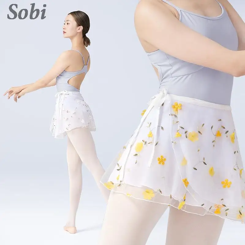 Embroidered Ballet Skirts Women Adult Wrap Chiffon Skirt Lace Up Ballet Tutu Skate Skirt One Piece Gymnastics Clothes For Girls