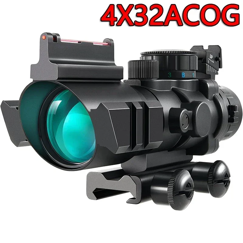 4x32 ACOG RGB Tactical Riflescope with Fiber Optic Sight Illuminated Reticle Prism Scope Hunting Scope with 20 mm Picatinny Rail