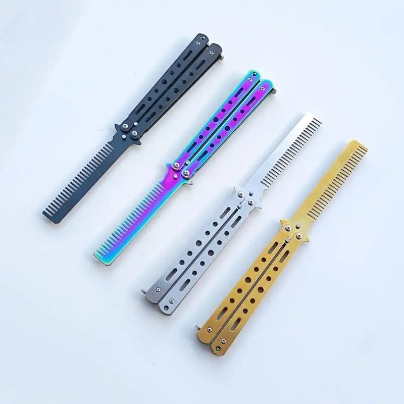 New Metal Foldable Comb Butterfly Knife Beard Moustache Styling Tool For Hairdressing Salon Practice Training