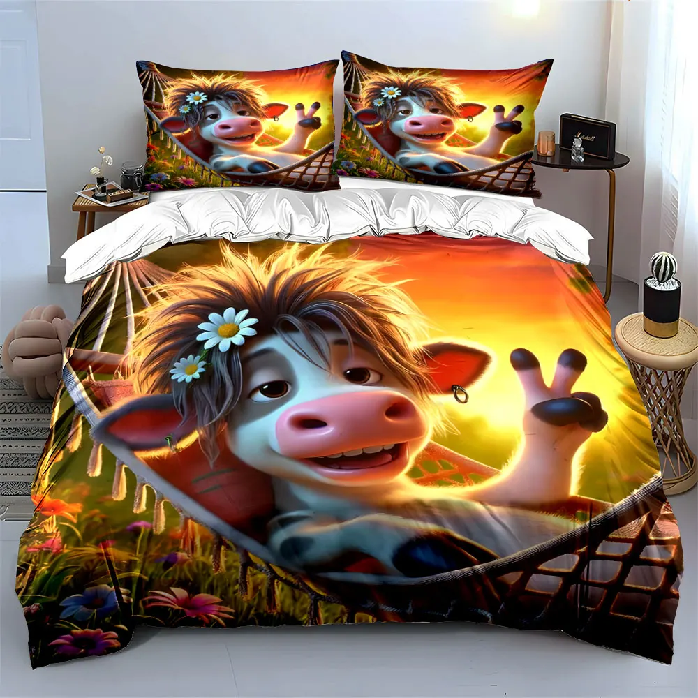 A cute cow relaxes in a hammock. Print Bedding Set 1 Duvet Cover 2 Pillowcases for Adult and Children Luxury Gift Full Size