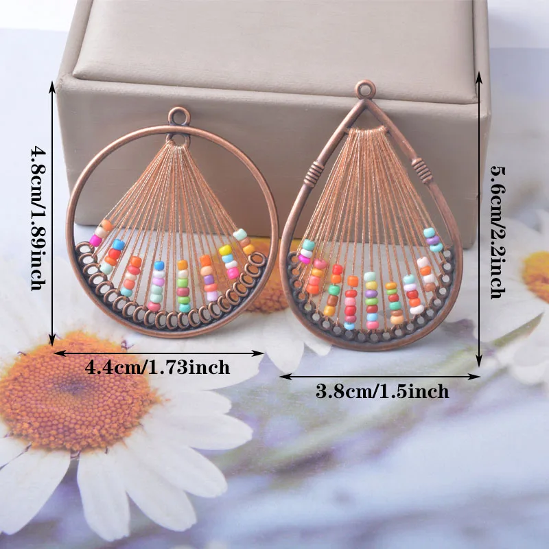 4 Stück/Set Bohemian-Stil runde Bronze-Anhänger, braun gefärbte Rocailles-Perlen, Quastenanhänger, DIY-Ohrringe für Frauen – Detail 4