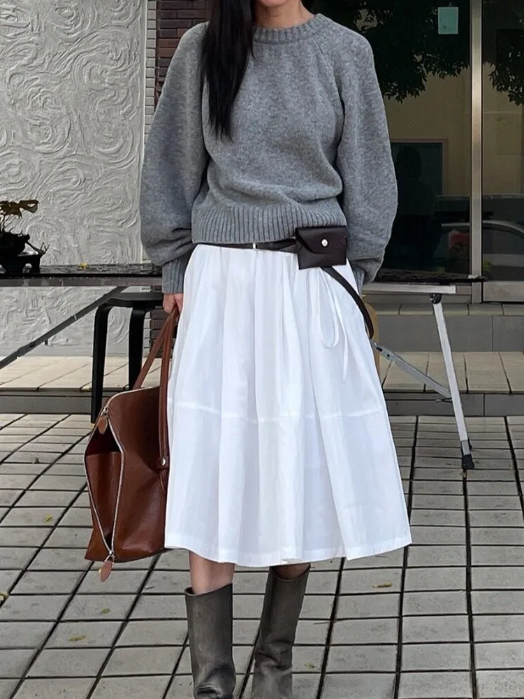 Korean Style Loose Knitted Hollow out Sweater Women's Autumn Winter Fashionable Top Gray Back Strap Design Casual Wear