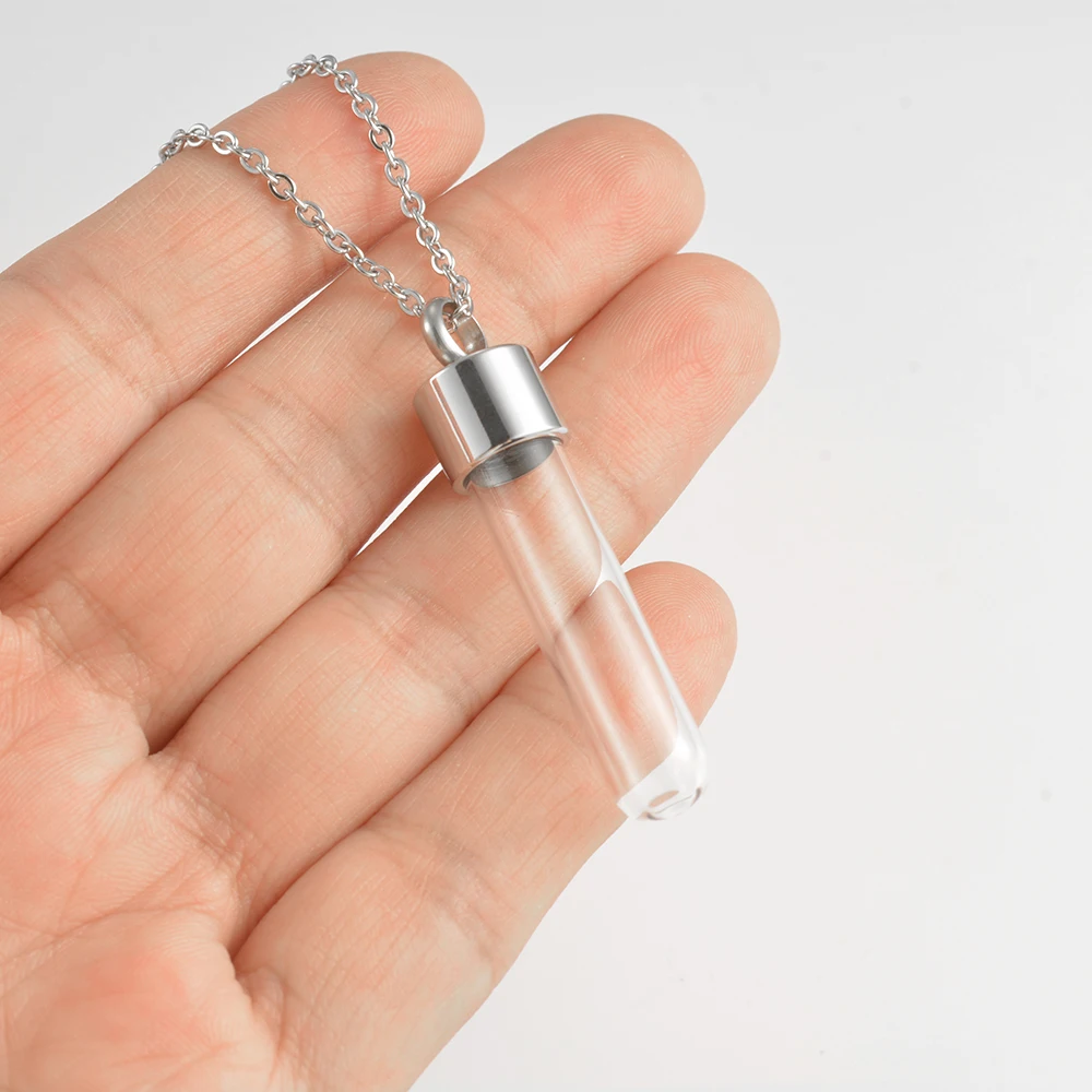 Clear Glass Tube Urn Keepsake Bottle Wishing Necklace Pendant Stainless Steel Screw Cap Vial Ashes Memorial Pendant Jewelry