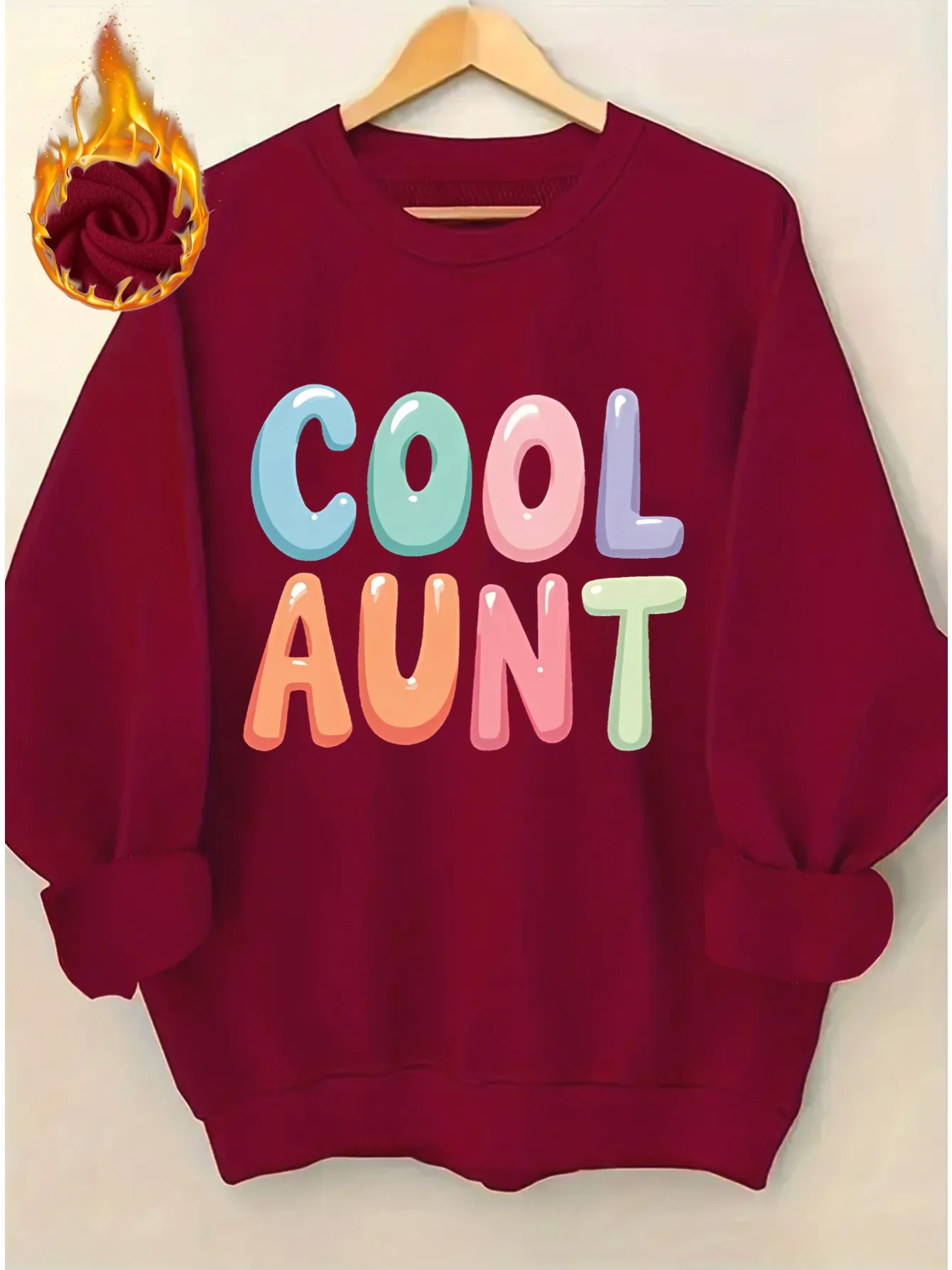 Women's Cool Auntie Sweatshirt-Pink with Multicolored Letters, Thick All Season Windbreaker, Redond Neckline