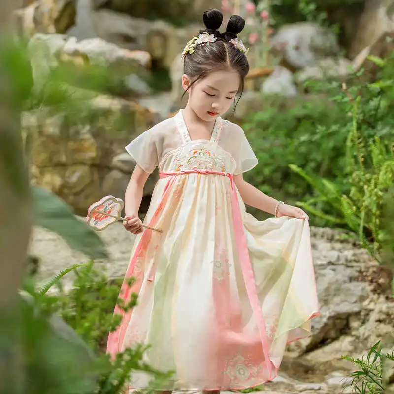 Hanfu Girls' Summer Clothes 2024 Ancient Clothes New Chinese Style Pink Short Sleeve Thin Children Chest-High Dress New Original